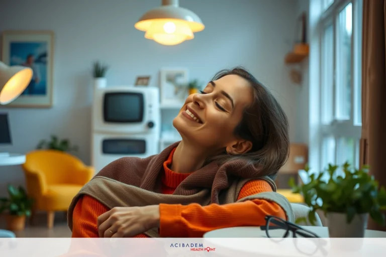 Woman seated in modern room with large window, smiling and holding a baby in her arms. She is wearing orange top, black pants, and glasses on desk beside her.