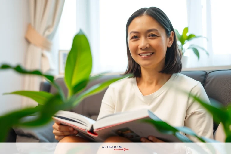 Woman is sitting on couch, reading a book. She has short hair and wears light color top. Plants are in background of image. Her smile suggests enjoyment while reading.