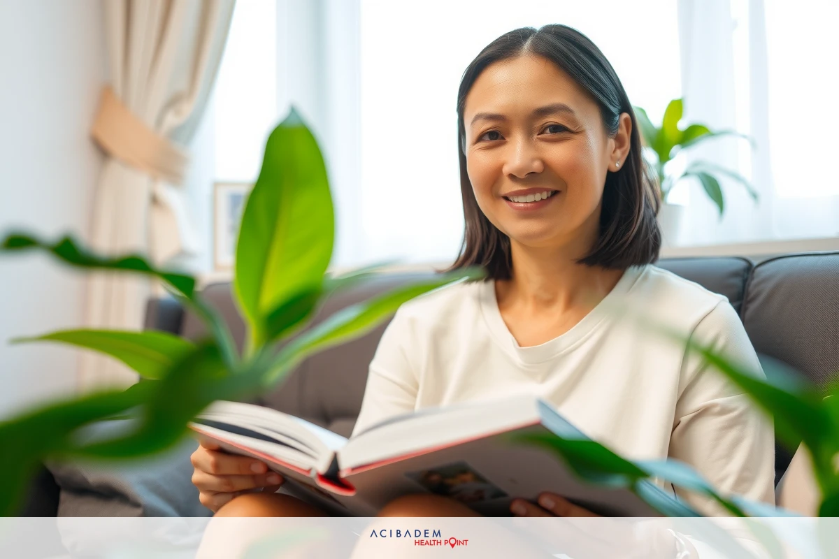 Woman is sitting on couch, reading a book. She has short hair and wears light color top. Plants are in background of image. Her smile suggests enjoyment while reading.