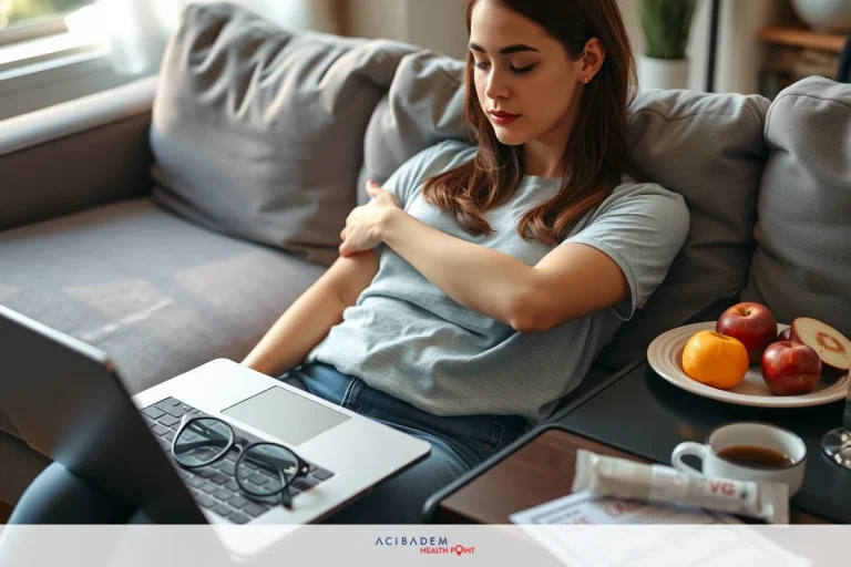 A woman sitting on a couch, laptop in her lap, and a plate of fruit nearby. She is wearing casual clothing and has her hand under her arm.