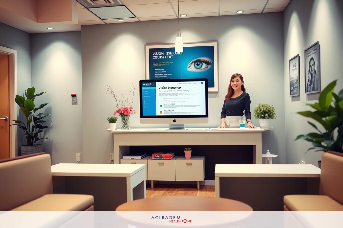 The image shows an interior space that appears to be a modern, professional office. There is a woman seated at a desk with a computer and a flat-screen monitor displaying a web page or presentation slide. The office has neutral colors with grey tones dominating the decor. Natural light filters through large windows, suggesting the photo was taken during daylight hours. The office furniture includes a white table surrounded by chairs for seating.