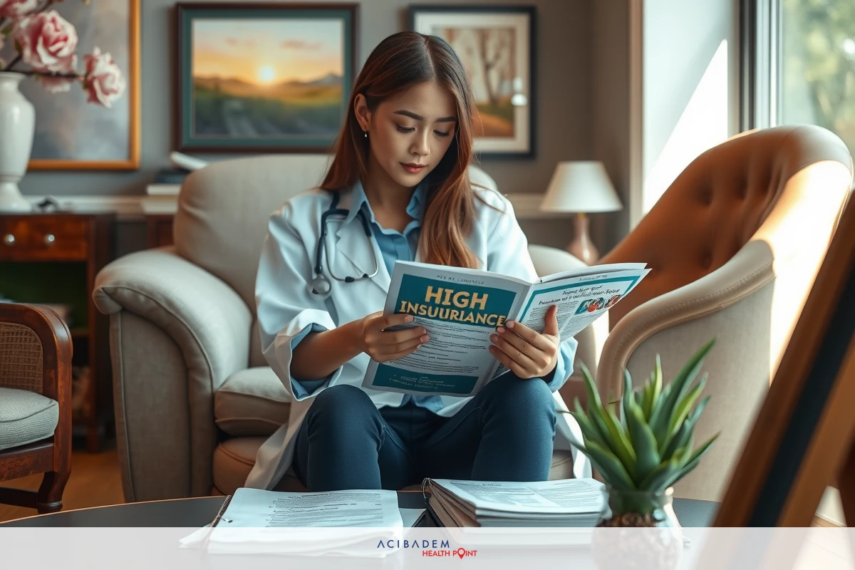 A female medical professional in a domestic setting, reading papers while sitting on a couch. She is wearing scrubs and glasses, focusing on the documents. The room has a comfortable living area with furniture and books scattered around.