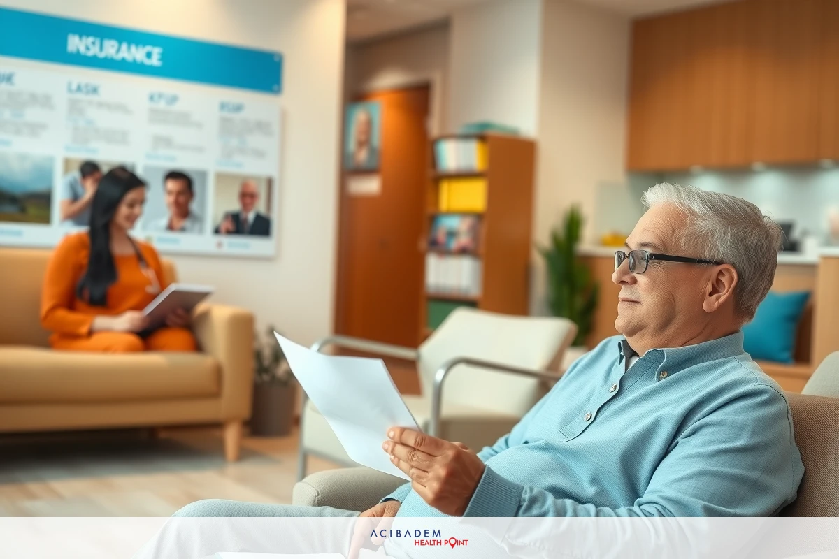 An elderly man in a blue shirt sits comfortably with papers, possibly reading. A woman with a smile behind him might be assisting or chatting, indicating a professional or service-oriented environment.