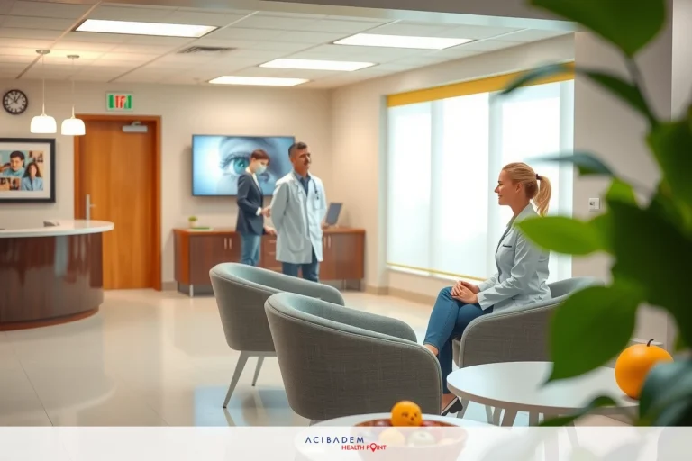 The image is an interior shot of a modern doctor's office with a waiting area. In the foreground, there's a large plant to the right and a reception desk with a digital display screen on the wall behind it. Three individuals are seated in the waiting area; two are facing each other engaged in conversation, and one is alone, looking towards them. The office decor includes shades of gray and white with pops of blue and green accents. A bowl containing what appears to be fruit or candies is placed on a table near the reception desk.