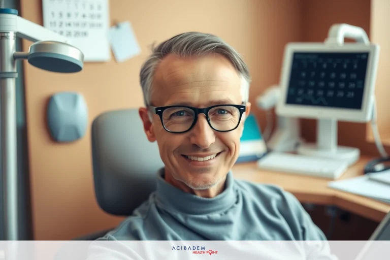 The image shows a man wearing glasses and a surgical mask, sitting in a dental office. He is looking at the camera with a slight smile. The office environment includes a computer monitor and various medical equipment.