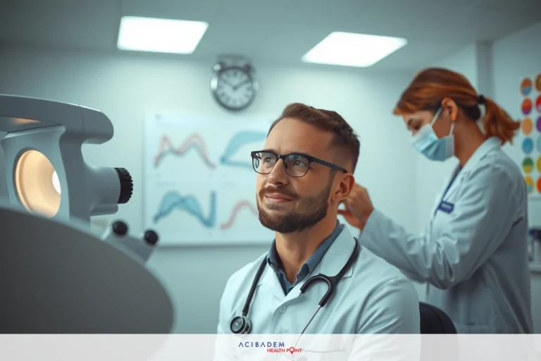 This image shows a medical office environment where a male doctor is receiving a check-up. The doctor is seated, wearing a white lab coat, while a female physician stands behind him and she seems to be dealing with something.