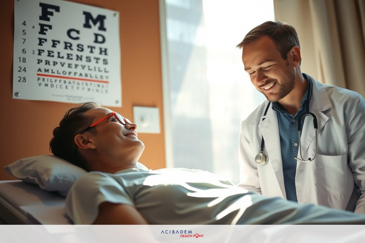 The image shows a medical consultation in progress inside an office or clinic setting. In the foreground, there is a man wearing a white lab coat and stethoscope, suggesting he is a physician. He appears to be speaking with a patient who is lying down on a bed with wheels, likely part of a hospital bed system. There's a focus on the doctor's face, indicating that he might be asking questions or discussing medical concerns with the patient, and the patient seems engaged in the conversation, possibly providing answers to the physician's queries.