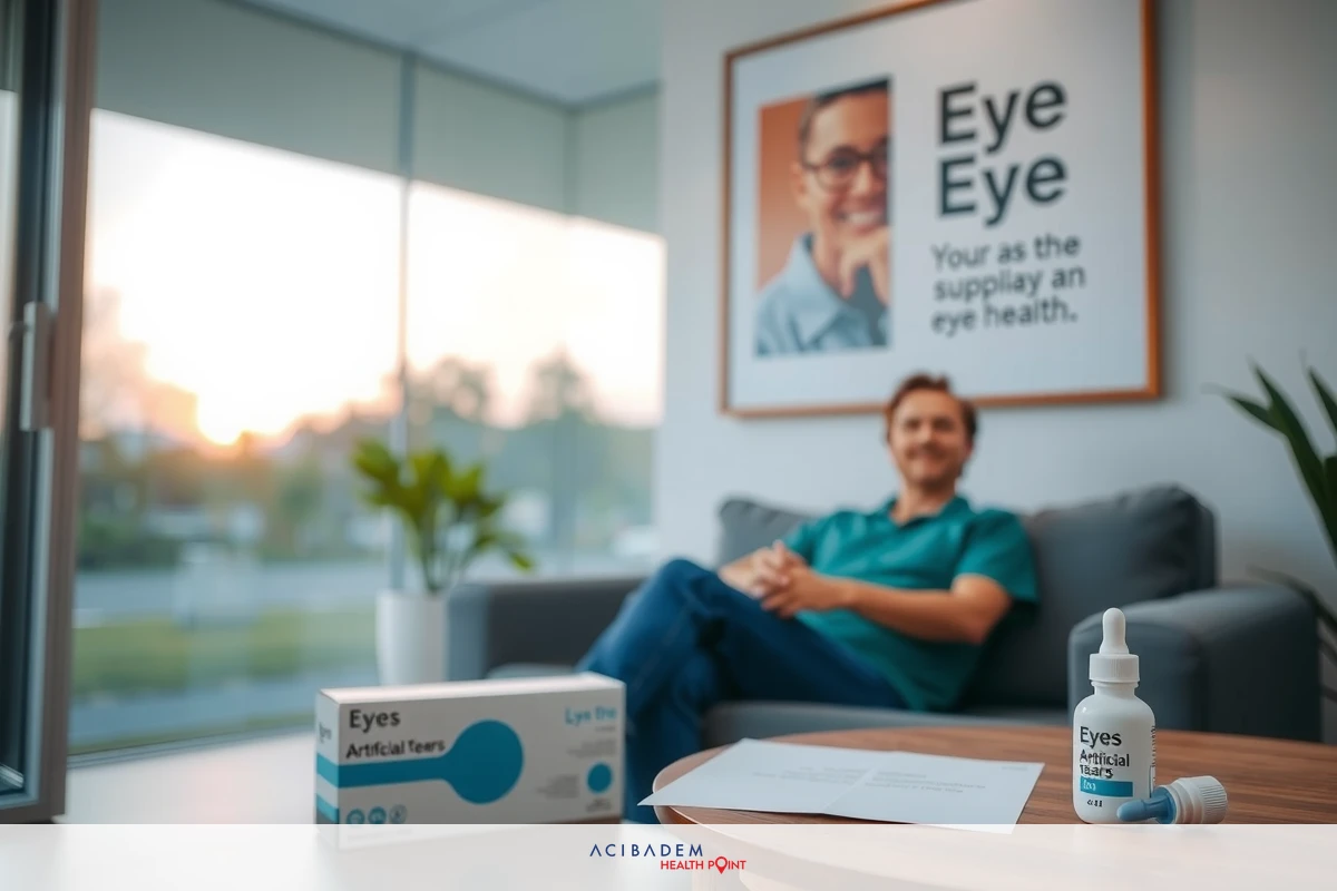 A man in a medical scrub sits relaxed on a couch, possibly in an office setting. He is wearing glasses and appears to be waiting or resting. In front of him is a box of contact lens solution.