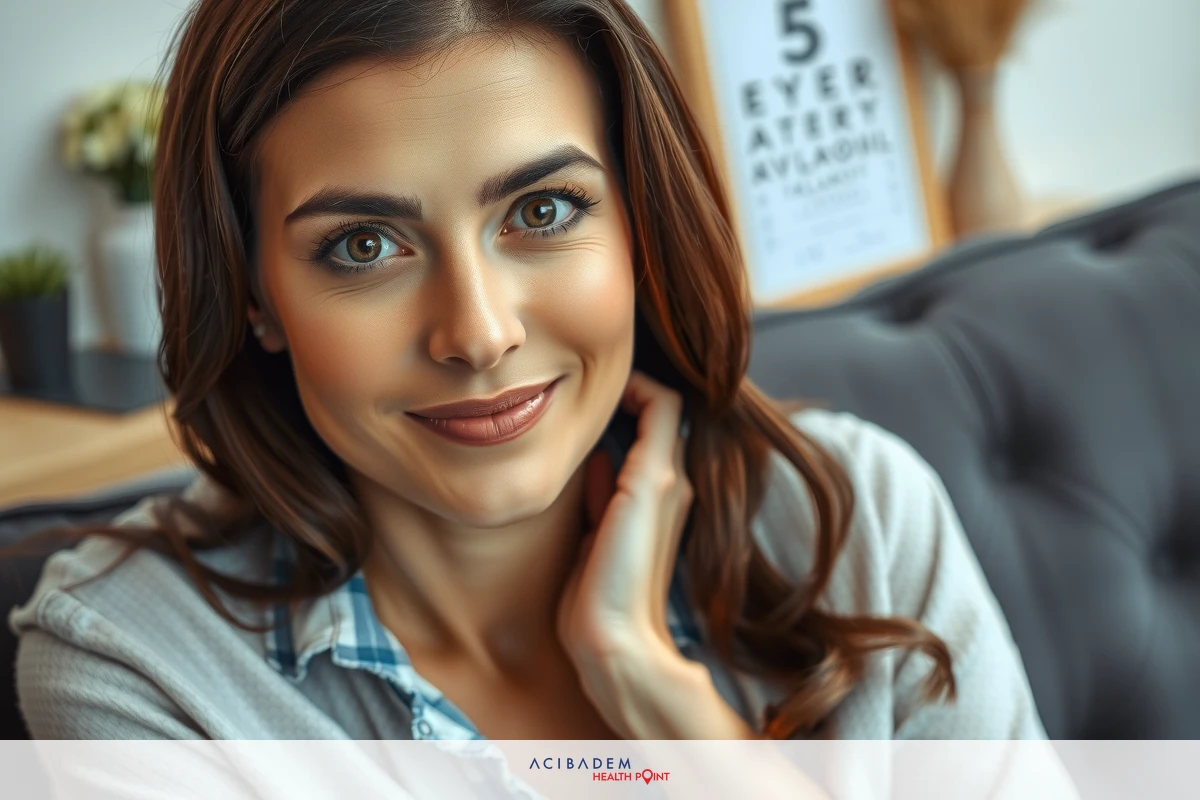 Portrait of a woman smiling at the camera. She has dark hair and is wearing a gray top. The background suggests an indoor setting with a couch, bookshelf, and framed items.