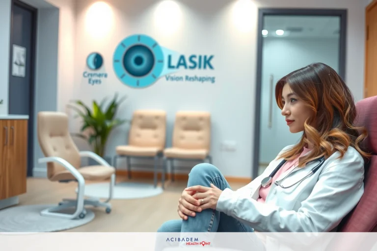 In the image, a woman is seated in an eye examination room. She's wearing a white lab coat, which suggests she might be an optometrist. Behind her, there are chairs for patients, indicating that this space is used for eye examinations and treatments.