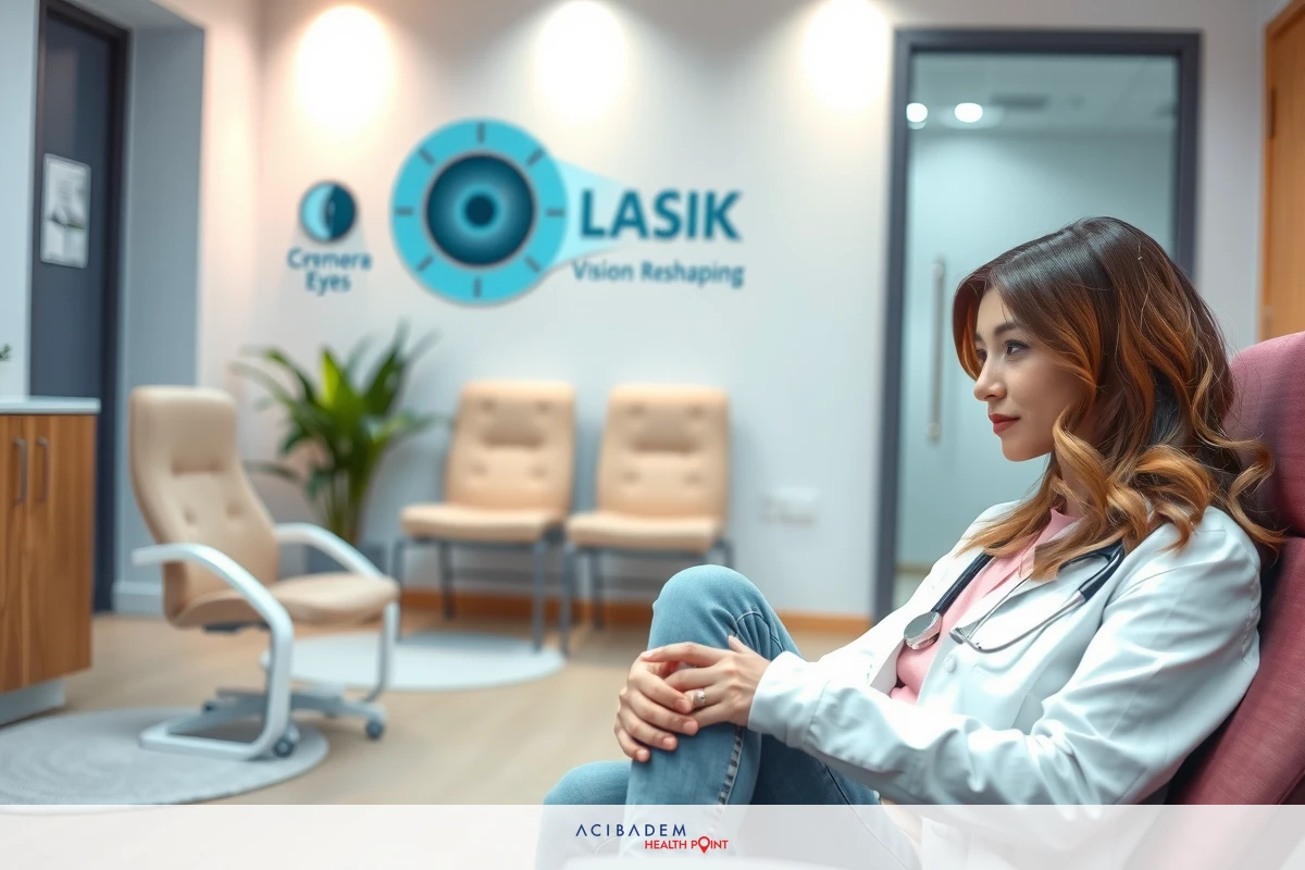 In the image, a woman is seated in an eye examination room. She's wearing a white lab coat, which suggests she might be an optometrist. Behind her, there are chairs for patients, indicating that this space is used for eye examinations and treatments.
