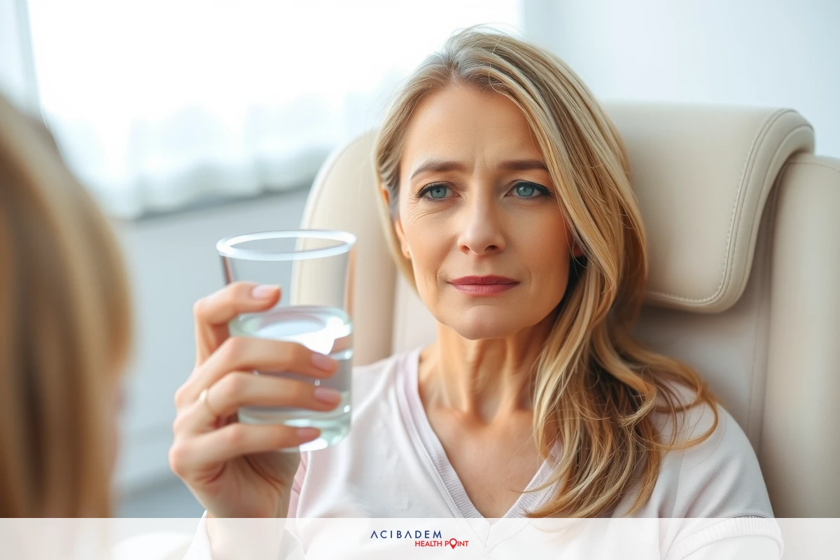 A woman in a relaxed setting, holding a glass of water. She is seated comfortably and appears to be engaged in conversation or receiving attention from another person not visible in the frame.