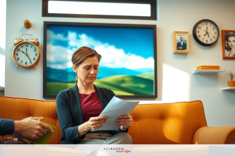 Does LASIK Surgery Change Eye Color? A professional businesswoman in a meeting room, holding papers and reading them while seated on an orange sofa. The environment includes decorative wall art depicting nature.