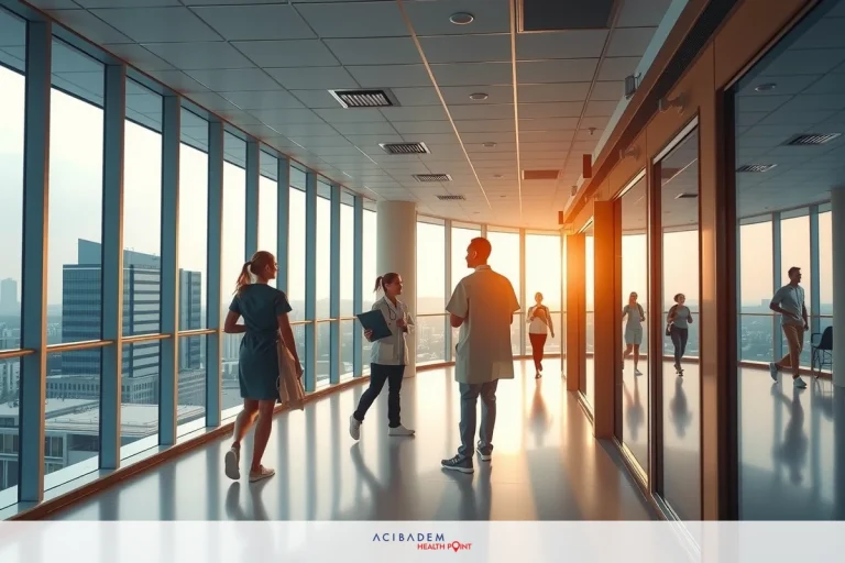 Does Meridian Cover LASIK Eye Surgery? The image depicts an office building atrium during sunrise or sunset. The interior is bathed in soft, warm light filtering through large windows. There are several people engaged in conversation while walking through the space, which suggests a casual and collaborative work environment.