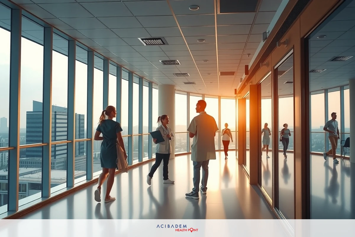 The image depicts an office building atrium during sunrise or sunset. The interior is bathed in soft, warm light filtering through large windows. There are several people engaged in conversation while walking through the space, which suggests a casual and collaborative work environment.