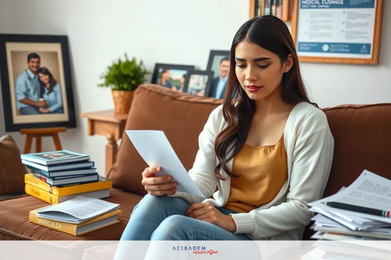 The image shows a young woman sitting on a couch with papers and books around her. She appears to be focused on reading something, possibly related to work or research. The room has a cozy, homey atmosphere, indicating an indoor setting.