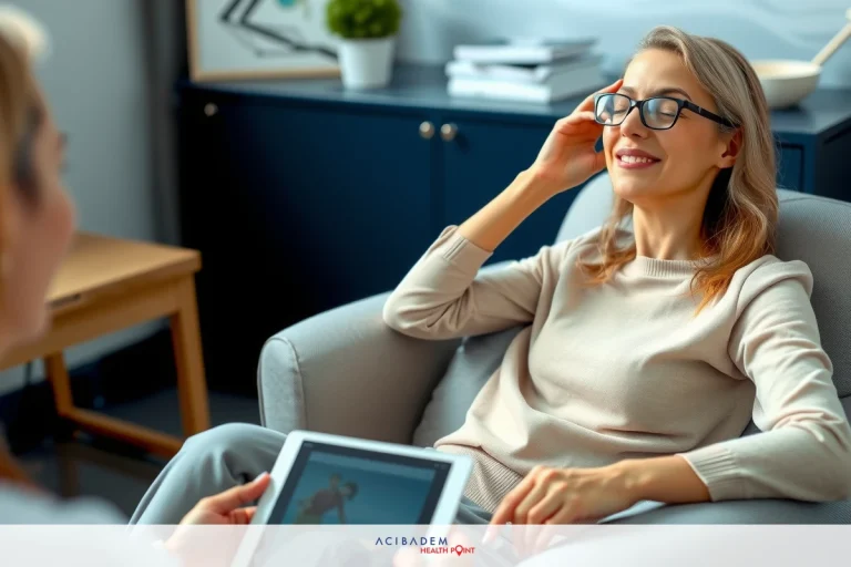 How Do You Keep Your Eyes Open During LASIK Smiling woman in business attire sitting comfortably in a gray armchair, listening on earphones to content on tablet. She is engaged in conversation with another person who holds a tablet in front of her, suggesting a professional or educational setting.