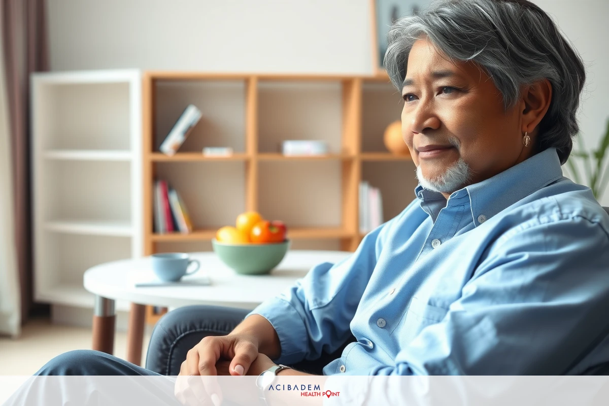 Mature man sitting in a living room, wearing blue shirt and silver watch. Smiling with hands folded on lap, suggesting relaxed and comfortable atmosphere.