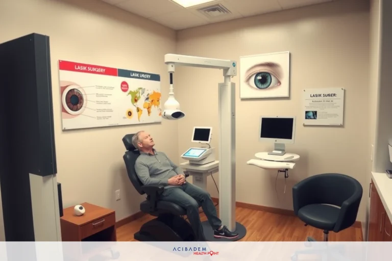 In the image, a man is seated in a medical examination chair. He appears to be undergoing an eye examination or treatment. The environment suggests a clinical or medical setting with professional equipment around him. Behind him on the wall, there are informational posters or images related to eye health and care. On his left arm, he has a blood pressure cuff, indicating that part of his examination may involve monitoring blood pressure. The overall atmosphere is one of routine healthcare, likely in an optometry office or similar facility.