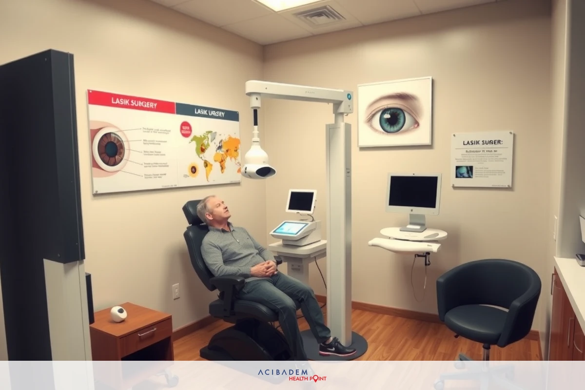In the image, a man is seated in a medical examination chair. He appears to be undergoing an eye examination or treatment. The environment suggests a clinical or medical setting with professional equipment around him. Behind him on the wall, there are informational posters or images related to eye health and care. On his left arm, he has a blood pressure cuff, indicating that part of his examination may involve monitoring blood pressure. The overall atmosphere is one of routine healthcare, likely in an optometry office or similar facility.