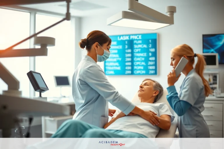 How Much Does LASIK Eye Surgery Cost in California The image shows a medical scenario with two healthcare professionals dressed in scrubs and surgical masks. They are attending to a patient on an operating table, possibly taking vital signs or discussing care plan during the pre-operation phase.