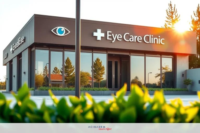 A modern and well-lit clinic for eye care. The sign clearly states 'Eye Care Clinic'. The building has large windows providing natural light to the interior.