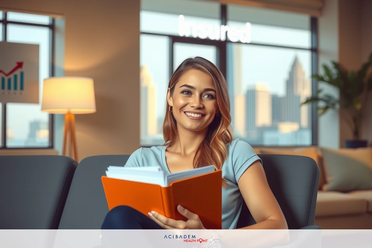 A smiling woman sitting on a couch, holding a book and reading. She is in an office-like environment with modern decor.