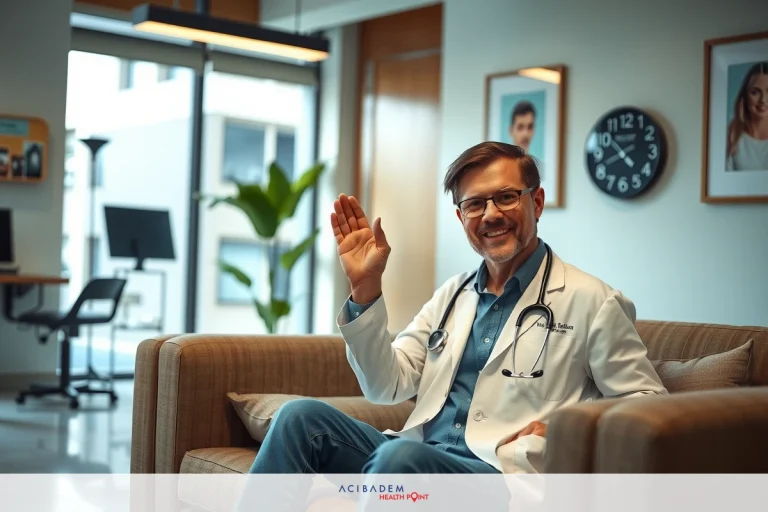 A smiling, waving man wearing a white doctor's coat and glasses in an office setting with modern furnishings.
