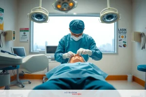 The image shows a professional dental setting with two individuals. One person is seated in the dentist's chair, appearing to be receiving some type of dental procedure or examination. The dental practitioner stands behind them, wearing sterile surgical attire and using instruments that suggest an orthodontic or periodontal treatment. The clinic has modern equipment such as computers and is well-lit with natural light coming through a window. There are no visible texts in the image to provide additional context.