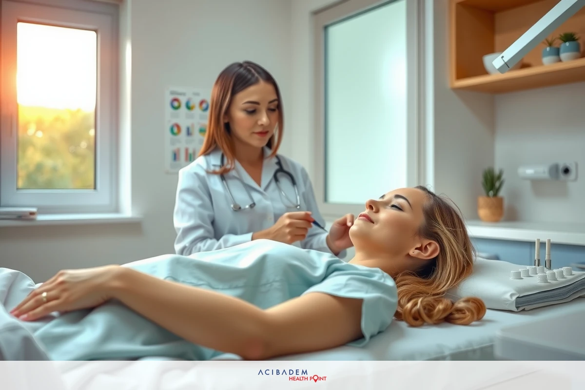 A medical examination taking place in a modern, well-lit office with natural light. A female doctor is conducting a routine checkup on a patient lying down for general health care. The environment is clean and professional.