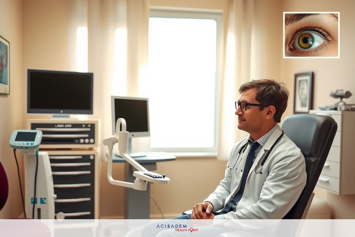 In the image, a young male medical professional is seated in an ophthalmic examination chair. He appears to be dressed in clinical attire and is engaged in examining or explaining something to a patient. The room has various pieces of ophthalmic equipment and is well-lit with natural light coming through the window on the left, indicating it may be an office setting for eye care professionals.
