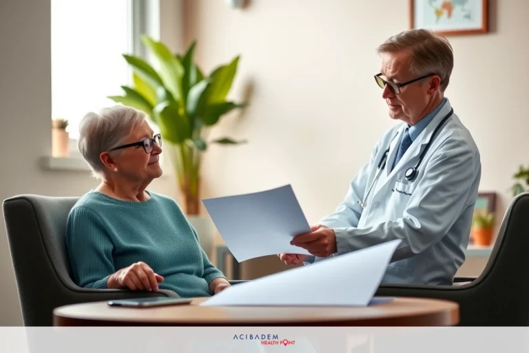 How Much the LASIK Eye Surgery Cost The image shows a doctor and an elderly patient in what appears to be a medical office. The patient is seated on the left, holding papers or documents while looking at the doctor who stands opposite her. They are both engaged in a conversation. The setting has a warm tone with muted colors, including earthy tones from the plant in the corner of the room. This scene conveys a professional healthcare consultation.
