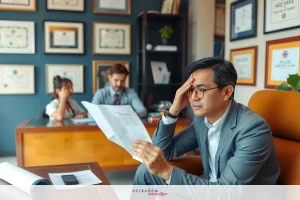 The image shows an office environment with two individuals engaged in work. A man is sitting at a table, holding papers and reading them with a focused expression. He appears to be in deep thought or concern. Behind him, there's another individual seated, who seems to be observing or waiting their turn. The setting includes typical office elements such as desks, chairs, shelves, framed certificates on the walls, and a potted plant on one of the shelves. The colors are neutral with shades of gray, blue, and white dominating the scene.