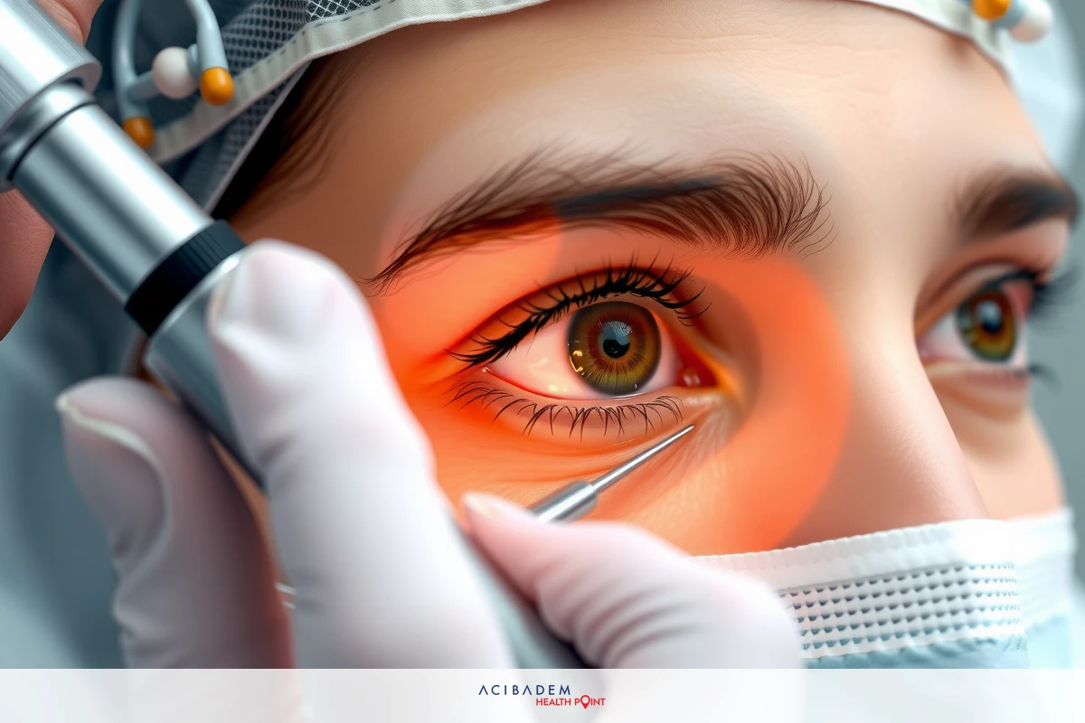 Close-up of a healthcare professional, possibly an ophthalmologist, performing an eye examination or surgery. The person is wearing full medical attire including goggles and a face mask. The equipment includes an optical device that illuminates the iris to assess its condition.
