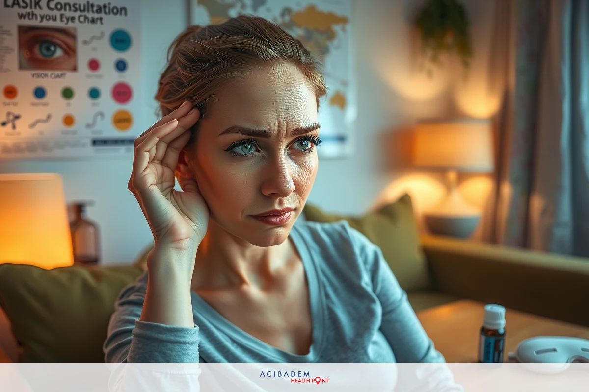 A woman sitting on a couch, looking concerned with her hand on her forehead. She's in a well-lit room and there's a blurred image of an eye chart in the background.