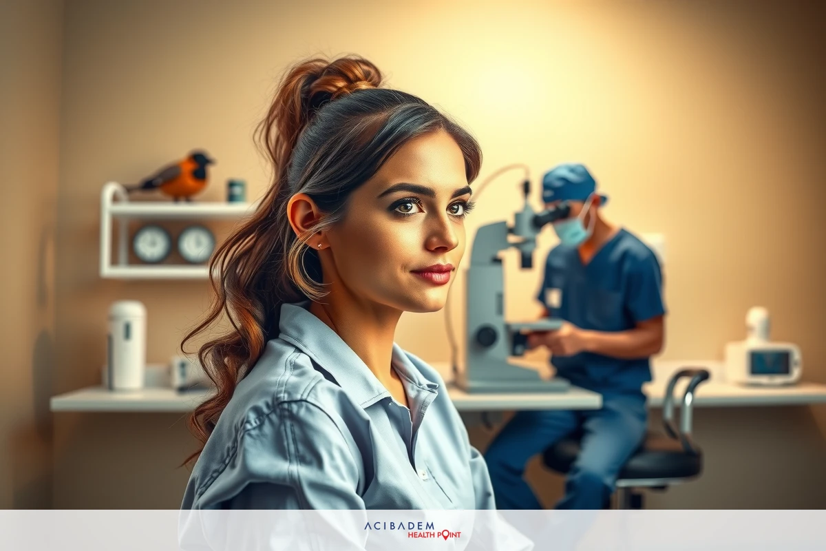 The image depicts a professional medical setting. A doctor is examining a patient's eye with a device that could be an ophthalmoscope or another specialized piece of equipment. The woman patient is sitting in the chair, and both individuals are dressed in scrubs indicative of a clinical environment. They are focused on the task at hand, suggesting a serious medical examination.