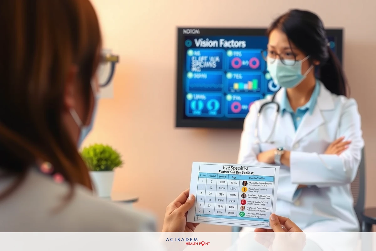 A medical office setting with two individuals engaged in a health-related discussion. The environment suggests a professional atmosphere with medical equipment and charts. The focus is on the interaction between the two people, emphasizing communication within a healthcare context.
