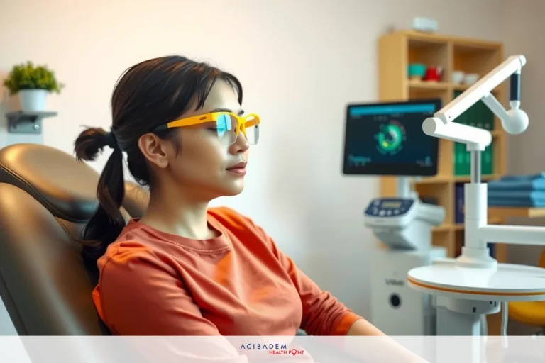 In the image, a woman is seated in an examination chair in what appears to be a medical office. She is wearing a pair of glasses with yellow frames and is looking directly ahead. The environment suggests a clean and professional setting, possibly indicating a place for patient care or treatment.