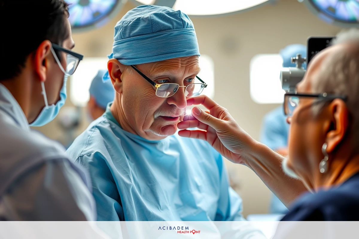 The image is set in a hospital operating room. In the center, there's an older man lying down on an operating table, possibly undergoing surgery, as suggested by the medical personnel and equipment around him.