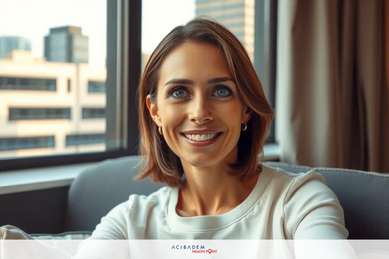 Smiling woman sitting on couch in apartment with city view, wearing white top and black pants.