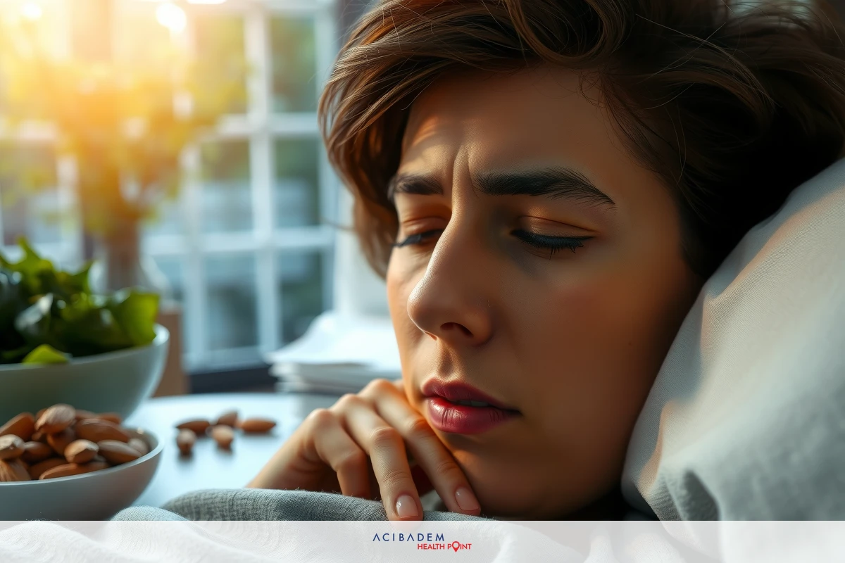 The image depicts a woman lying in bed with her eyes closed. Her expression seems to be one of deep thought or worry. There is a bowl of nuts on the nightstand next to her, indicating she might be snacking during her rest. The room appears cozy and quiet, suggesting that it is either late evening or morning. The focus is on her face, expressing emotional depth.