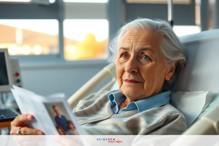 An elderly woman in a hospital bed, reading a card or pamphlet. She is in a hospital room with medical equipment around her.