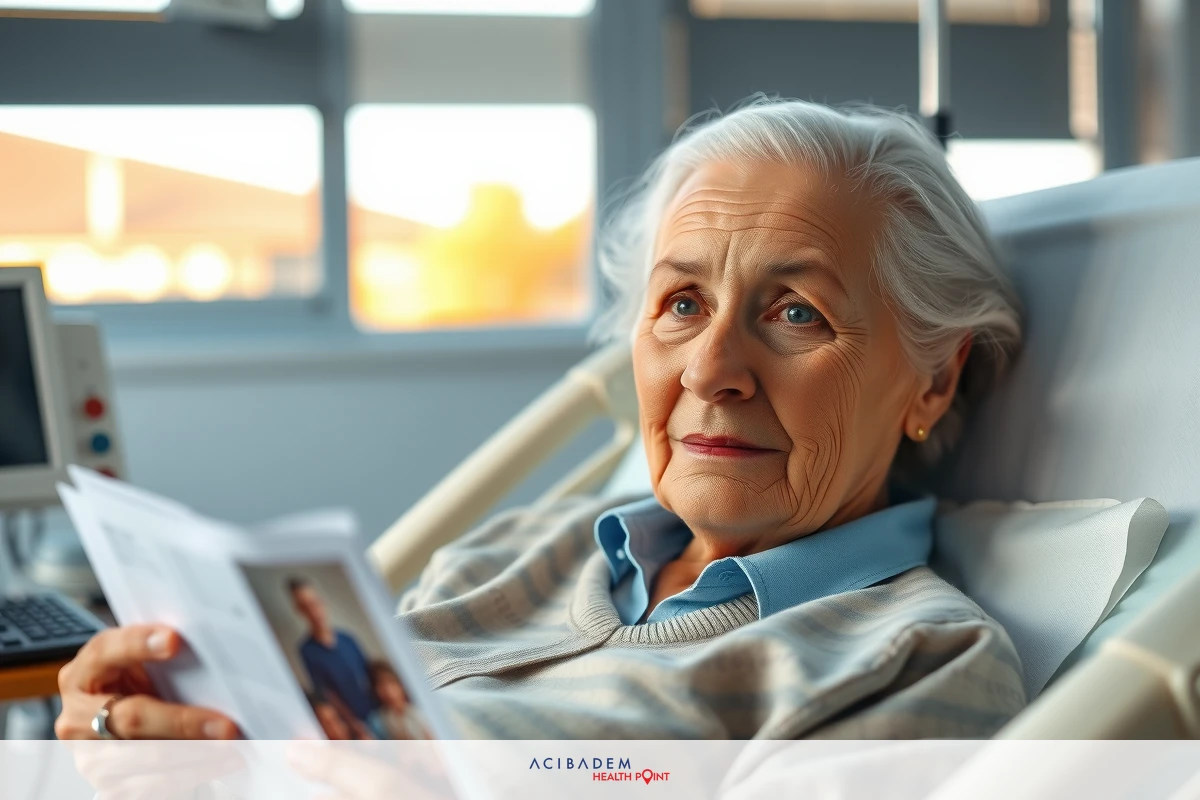 An elderly woman in a hospital bed, reading a card or pamphlet. She is in a hospital room with medical equipment around her.