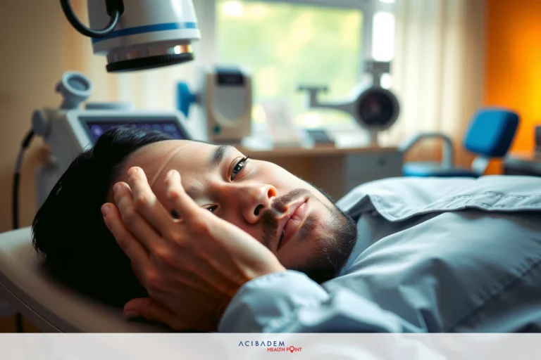 A man in a medical setting, lying down on his stomach. He is wearing an open-back hospital gown and appears to be resting or receiving treatment. Surrounded by medical equipment such as monitors and machines.