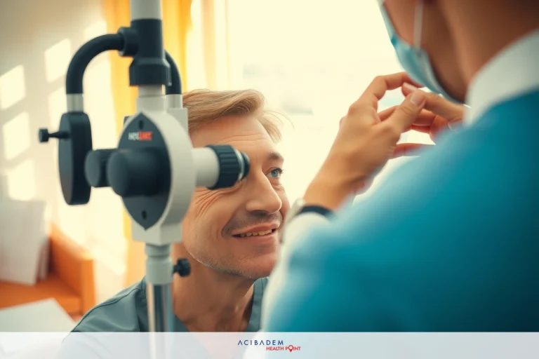 A man getting his eyes examined by an ophthalmologist. The examination includes a visual field test and an eye pressure measurement with the help of specialized equipment.