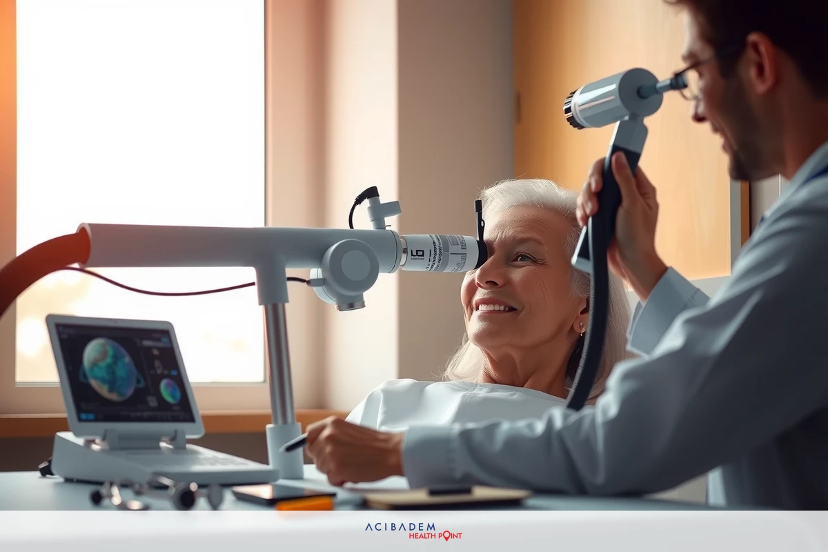 The image shows a medical scene where an elderly woman is lying down on an examination table. She has a smile on her face and appears to be in good health. A healthcare professional, likely a doctor or nurse, stands beside her, operating what looks like a modern medical device that might be used for imaging or testing purposes. The environment suggests a well-lit clinical setting with contemporary equipment.