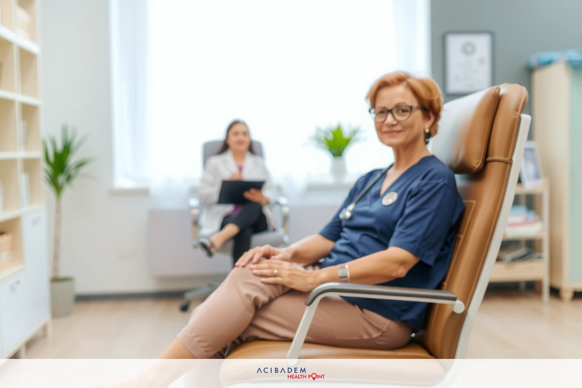 Woman sitting in a dental chair with her legs crossed, wearing glasses. Two people are present; one standing behind the seated woman and another visible partially on the right side of the image. The setting appears to be a professional medical environment with furniture and decorations indicative of a waiting area or examination room.