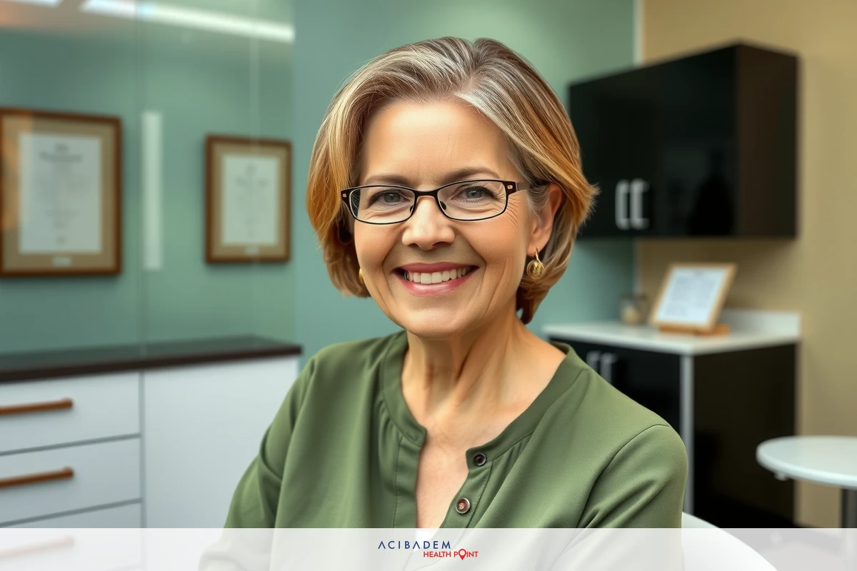 This is a photograph of an older woman sitting at a desk in an office setting. She has glasses, appears cheerful with a slight smile on her face, and is wearing professional attire consisting of a dark jacket over a lighter top. Her hairstyle is short and practical. The background suggests a modern workspace with framed diplomas or certificates on the wall, indicating she might be in a position of authority or expertise.