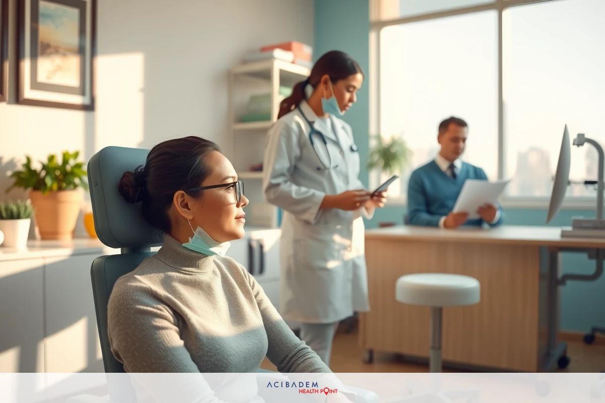 The image portrays a modern medical office with two doctors, one seated and the other standing. The seated dentist is wearing glasses and appears to be patiently awaiting her appointment while the standing dentist looks over paperwork. Both are dressed in professional attire with a focus on white coats, indicating their role as healthcare professionals.