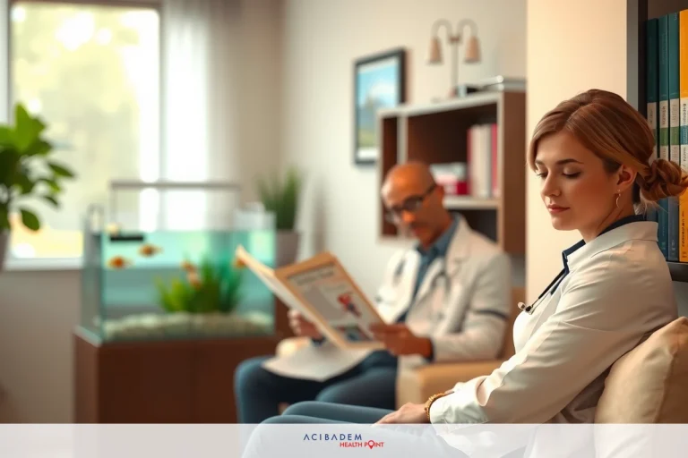 Is LASIK the Same as Laser Eye Surgery? The image features two doctors in a waiting area. They are seated and engaged with various objects on their desk, including books and papers. The environment suggests they might be reviewing patient information or discussing cases during their break.